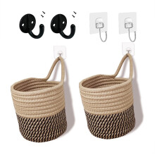 2 Pack Wall Hanging Storage Basket with Hooks, Small Cotton Rope Woven Boho Organizer for Kitchen Bathroom Bedroom