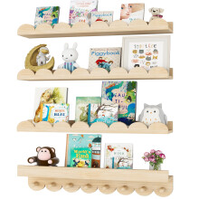 24 Inch Solid Wood Nursery Wall Shelves with Hooks, Safe Scalloped Edge, Kids Room 4 Pack