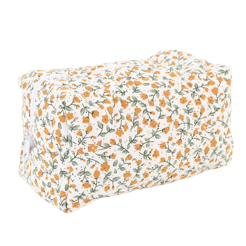 Orange Quilted Floral Makeup Bag Travel Toiletry Organizer