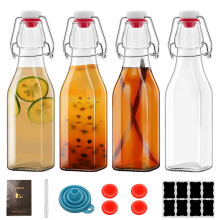 4 Pack 8oz Square Swing  Glass Bottles with Airtight Seal for Kombucha Brewing and Storage
