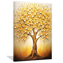 Canvas Wall Art Abstract Golden Tree Painting with Autumn Colors for Living Room Ready to Hang