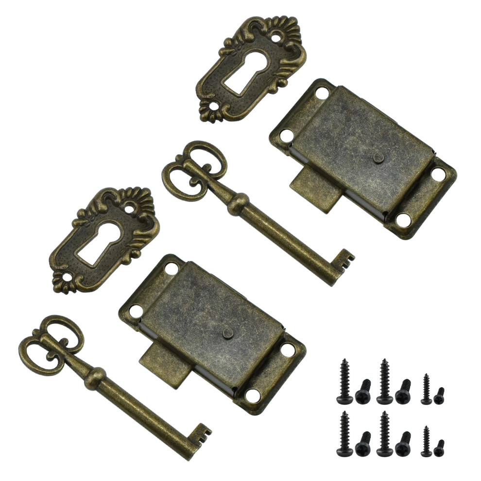 2Pcs Bronze Antique Cabinet Lock With Skeleton Keys For Vintage Furniture Chest And Cupboard 9187378090879