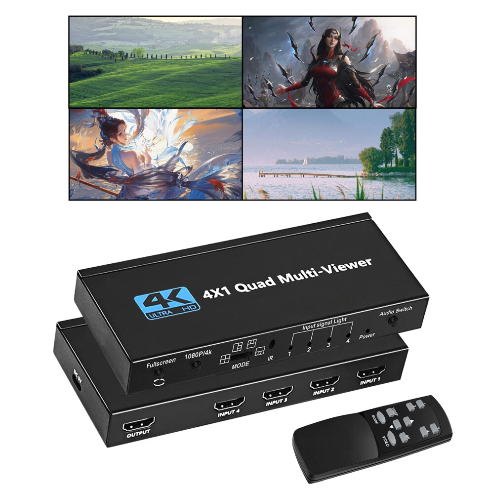 Hdmi Multiviewer 4X1 Quad View 4K30hz Seamless Switcher With Ir Remote For Security And Gaming 9187378094099