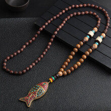 Vintage etnisk stil træperlehalskæde, boheme elementer håndlavet lang statement Mala træperlevedhæng uldkæde, unisex håndlavet Nepal Meditation