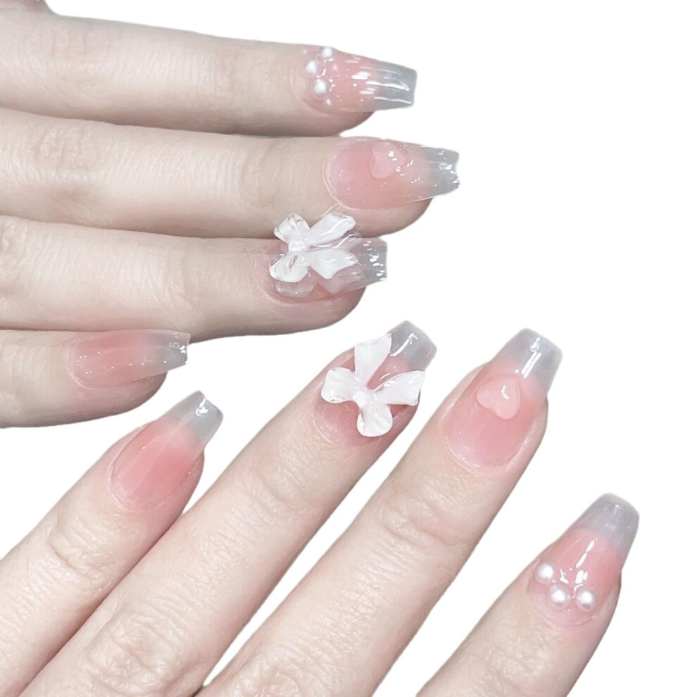 Long Press On Nails Set with Detachable Bow, Reusable Fake Nails with Glue for Salon Look