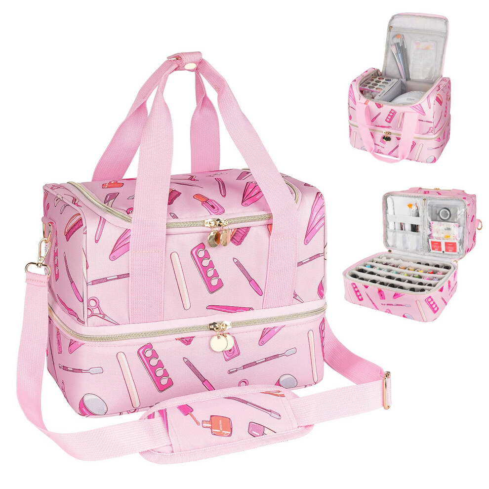 Pink Double Layer Nail Polish Organizer Case With Quick Access, Portable Nail Supplies Storage Bag