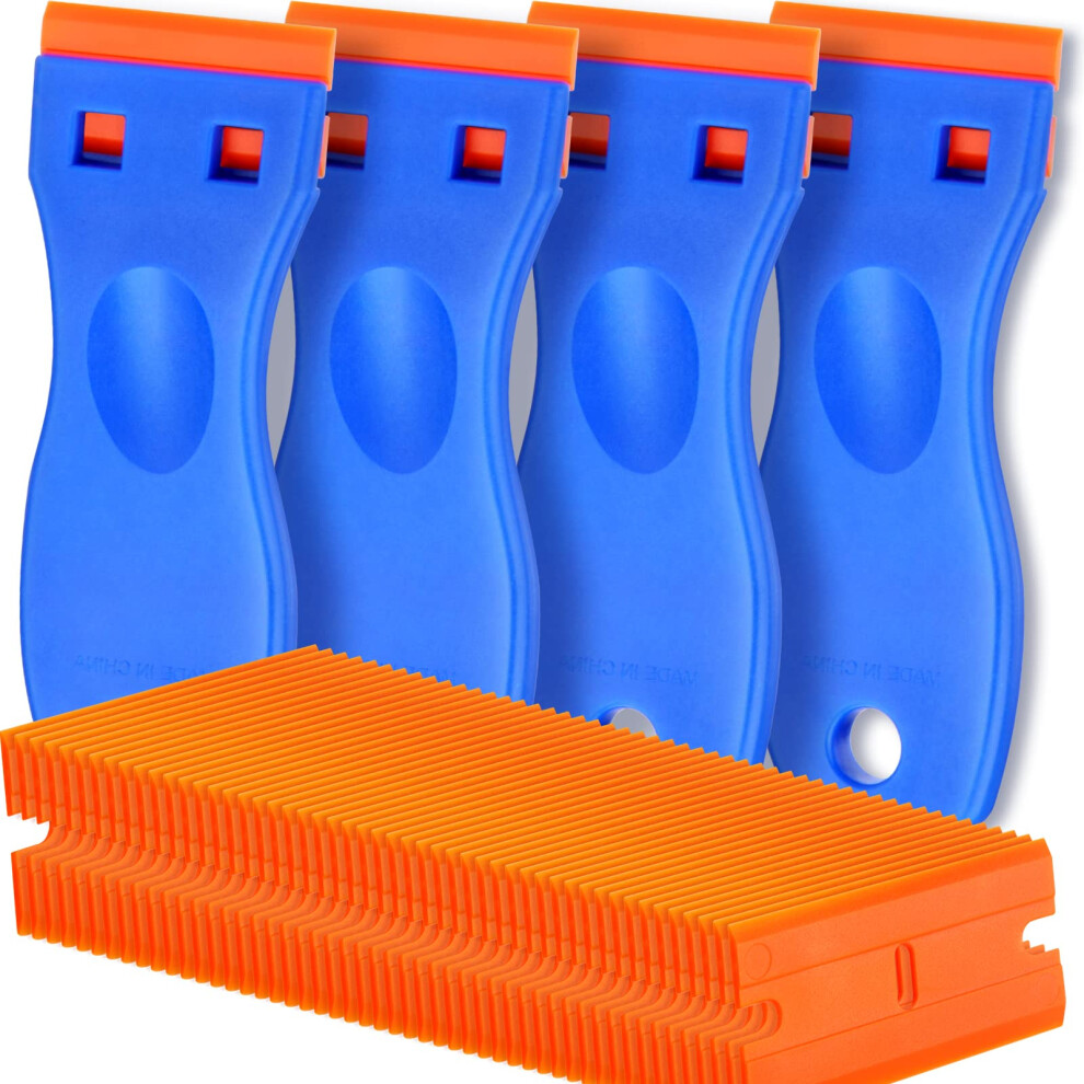 4 Pcs Plastic Razor Blade Scraper Set With 100 Blades, Nonscratch Adhesive Remover For Car And Glass 9187378105689