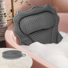 Bath Pillow and Silicone Body Scrubber Set, Luxury 4D Mesh Bathtub Pillow with Neck and Shoulder Support, Grey