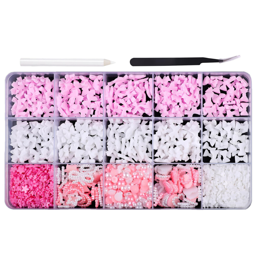 3D Nail Art Decorations with Bowknot and Flower Charms, Mixed Pearl Beads Flatback Resin Accessories