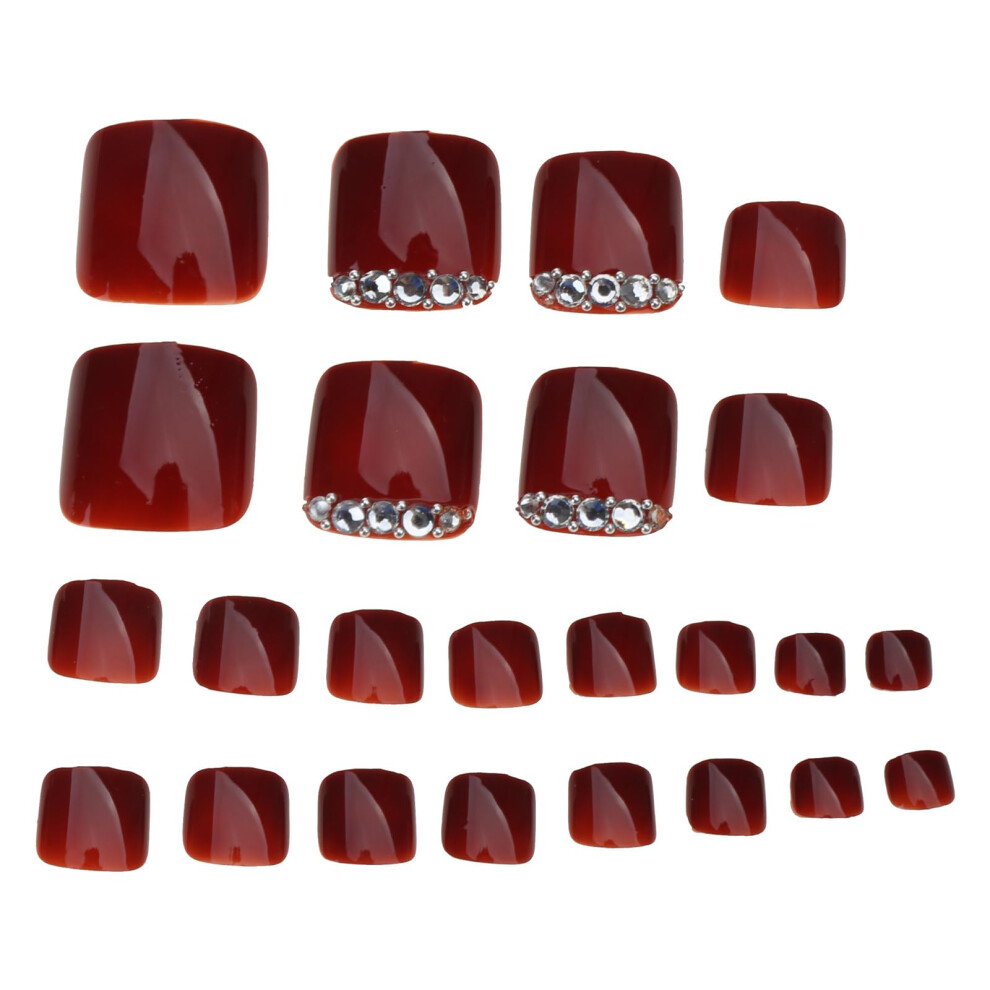 Red Wine Press On Toenails With Rhinestones 24Pcs Square Acrylic Fake Toenails For Women