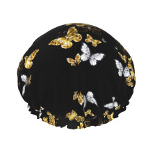 Waterproof Shower Cap with Gold and White Butterfly Print, Double Protection, Large for Women