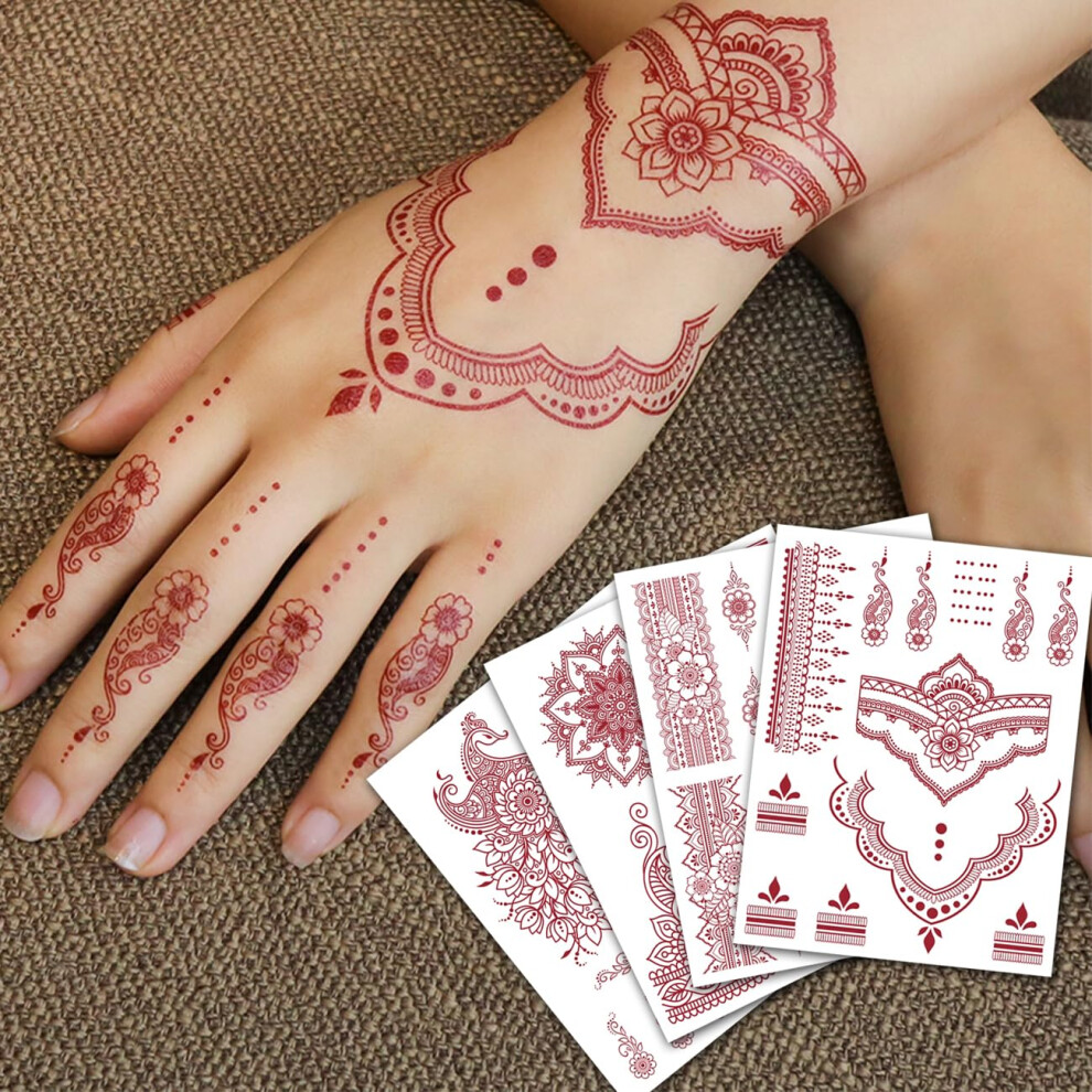 Brown 12 Sheets Waterproof Henna Temporary Tattoo Stickers For Women Wedding Peacock Lotus Body Art