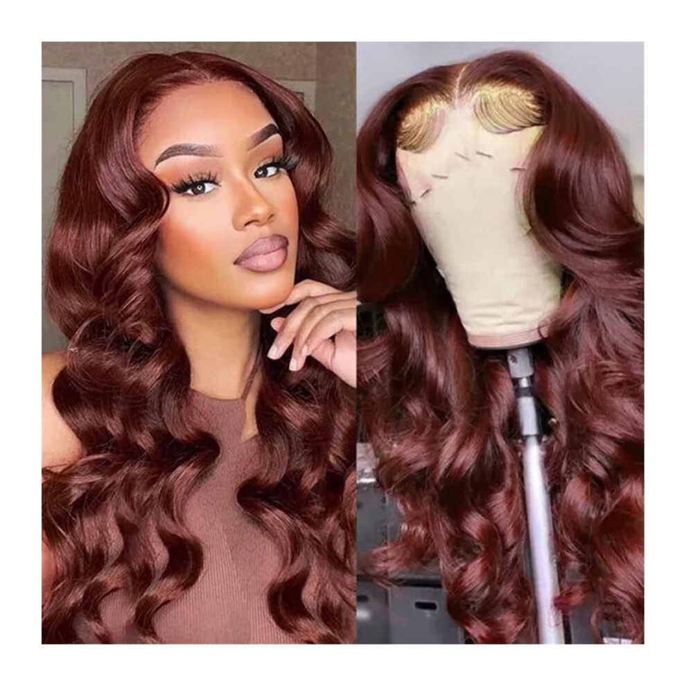 Unisex Brown Reddish 13X4 Lace Front Wig 28 Inches Synthetic Body Wave With Baby Hair Natural Hairline