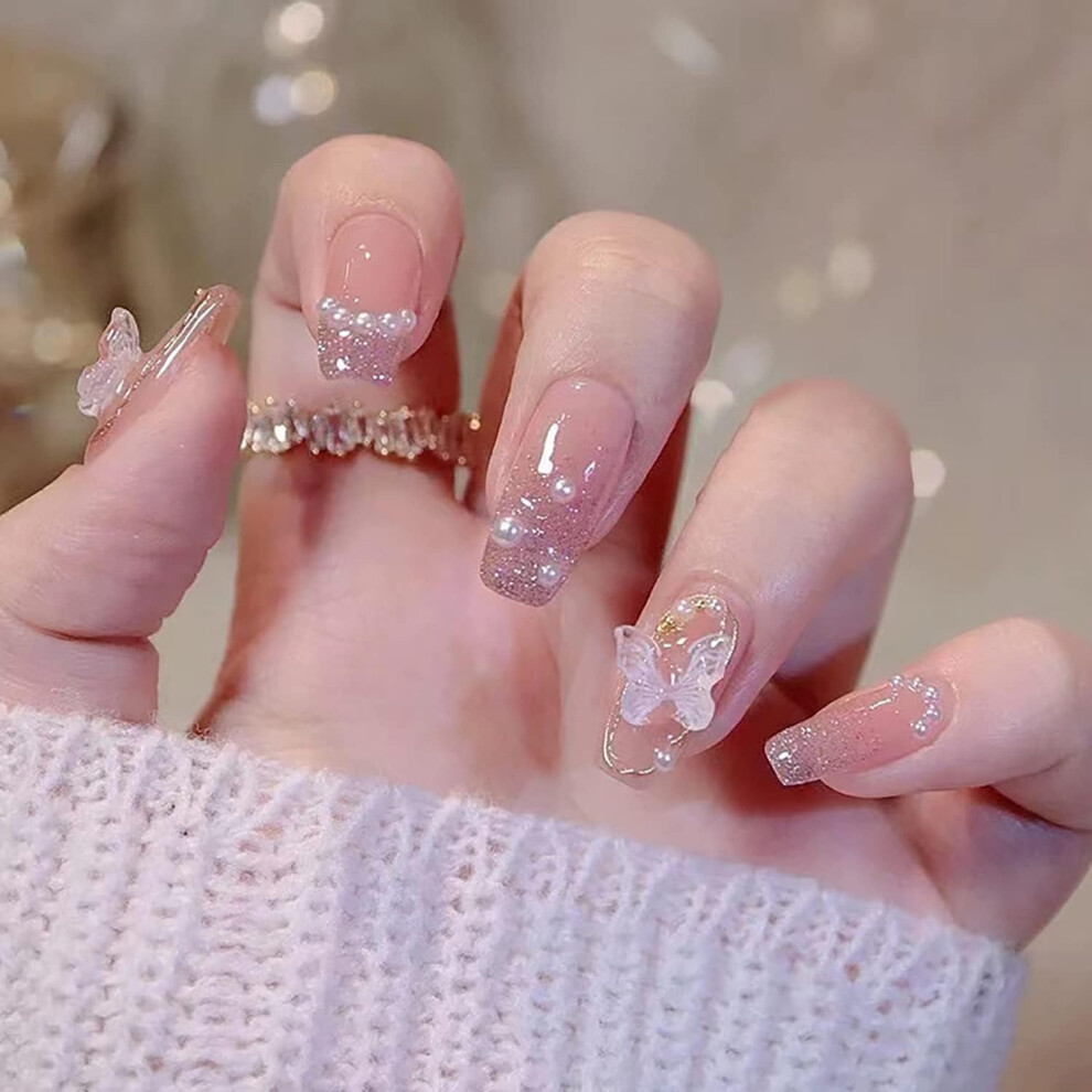 White Reusable Press On Nails With Glue, 3D Butterfly And Pearl Glitter Design, Short Glossy Fake Nails Set