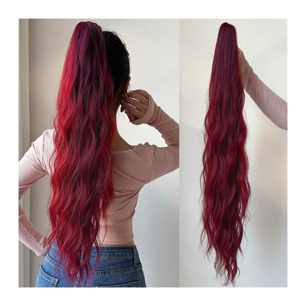 Unisex Red 32 Inch Curly Clip In Ponytail Extension With Secure Claw Clip And Natural Soft Texture