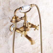Vintage Wall Mounted Bath Mixer Tap with Hand Shower, Brass Dual Handle, 360 Swivel Spout