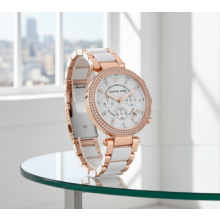 Montre femme Michael Kors Parker bicolore MK5774 - boîtier acier plaqué or rose, cadran blanc, chronographe, détails diamantés