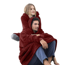Oversized Blanket Hoodie Sweatshirt, Draagbare Sherpa Lounge Pullover voor Volwassenen, Vrouwen en Mannen Wijn Rood Eén Maat