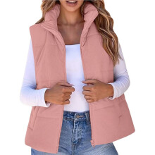 Gilet Senza Maniche da Donna, Moda Autunnale, Invernale, Corto, Caldo, Gonfio, con Collo Alto Rosa M