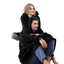Oversized Blanket Hoodie Sweatshirt, Draagbare Sherpa Lounge Pullover voor Volwassenen, Vrouwen en Mannen Zwart Eén Maat