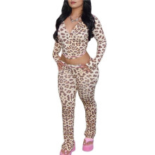 Ensemble 2 Pièces pour Femme: Survêtement à Manches Longues, Coupe Moulante, Veste à Capuche Assortie, Tenue de Jogging Imprimé Léopard M