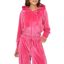 Conjunto Feminino de Duas Peças, Cor Sólida, com Capuz e Zíper, e Calça com Cordão. Rosa Vermelha M