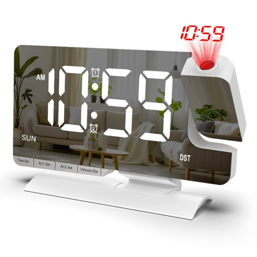 Projection Digital Clock,Alarm Clock Bedside,7.3'' LED Mirror with Date Display,Dual Alarm,DST,Snooze Function White