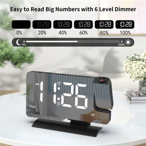 Projection Digital Clock,Alarm Clock Bedside,7.3'' LED Mirror with Date Display,Dual Alarm,DST,Snooze Function White 2