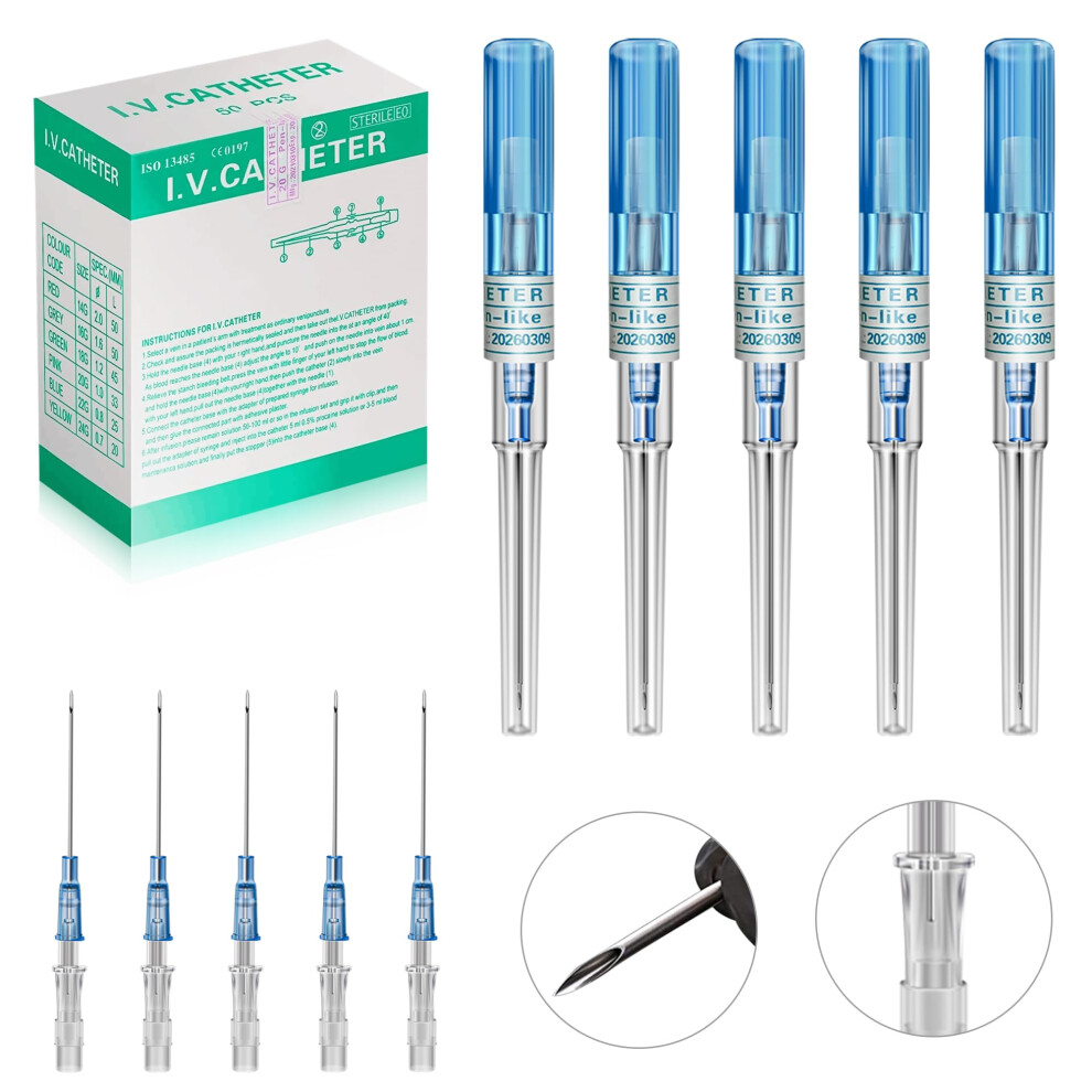 Blue 22G Sterile Catheter Piercing Needles 50 Pack With Safety Cap For Ear Nose Lip Body Piercing
