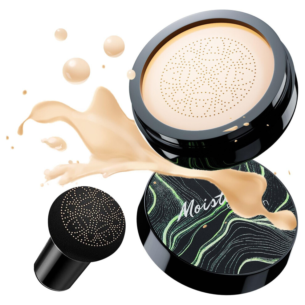 Cream/Ivory Cc Foundation With Mushroom Head Sponge, Full Coverage Waterproof Brightening For Mature Skin