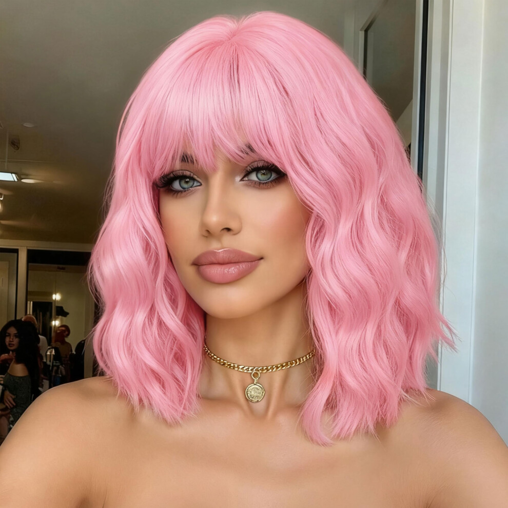 Unisex Pink Short Wavy Bob Wig With Bangs Heatresistant Synthetic 14 Inch For Women Cosplay Party