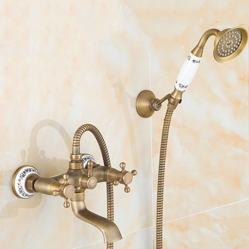 Vintage Brass Wall Mounted Bath Shower Mixer Tap With Diverter And Dual Cross Handles 9187378121740