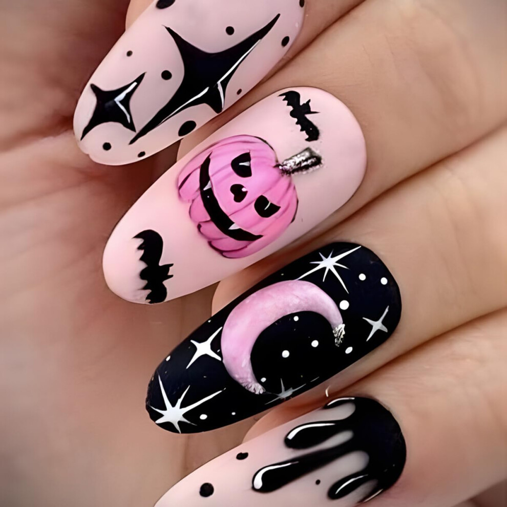 Halloween Press On Nails Short Almond Pink Glossy Fake Nails with Pumpkin Moon Stars for Women