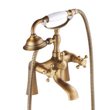 Antique Brass Bath Shower Mixer Tap Dual Lever 2 Hole Design with Extended Hose and Dual Control