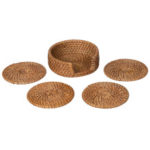 Handmade Rattan Coasters Set of 4 with Holder, Rustic Round Drink Coasters, HoneyBrown