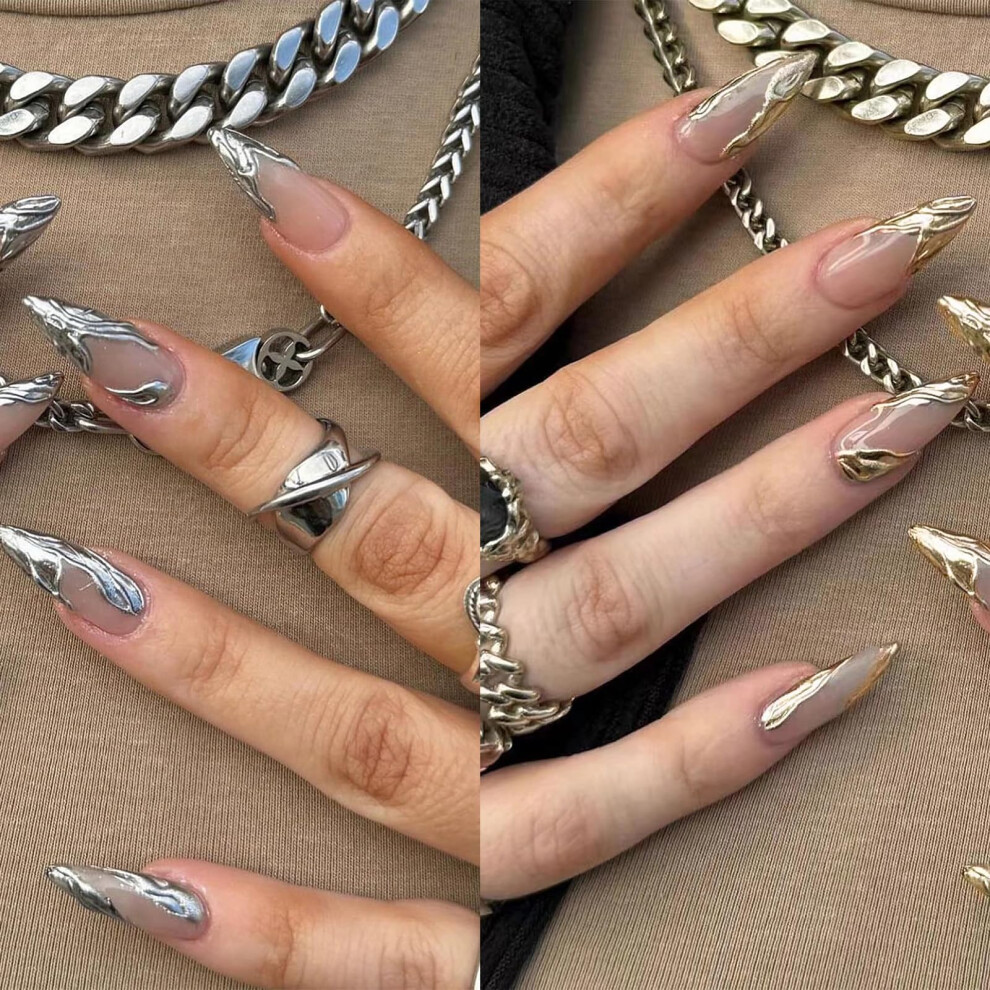 Medium Almond French Tip Press On Nails 48pcs Chrome Goth Fake Nails with SalonQuality Finish