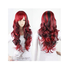 Anime Cosplay Wig Red and Black 70cm Long Curly Synthetic Hair for Women Party and Halloween