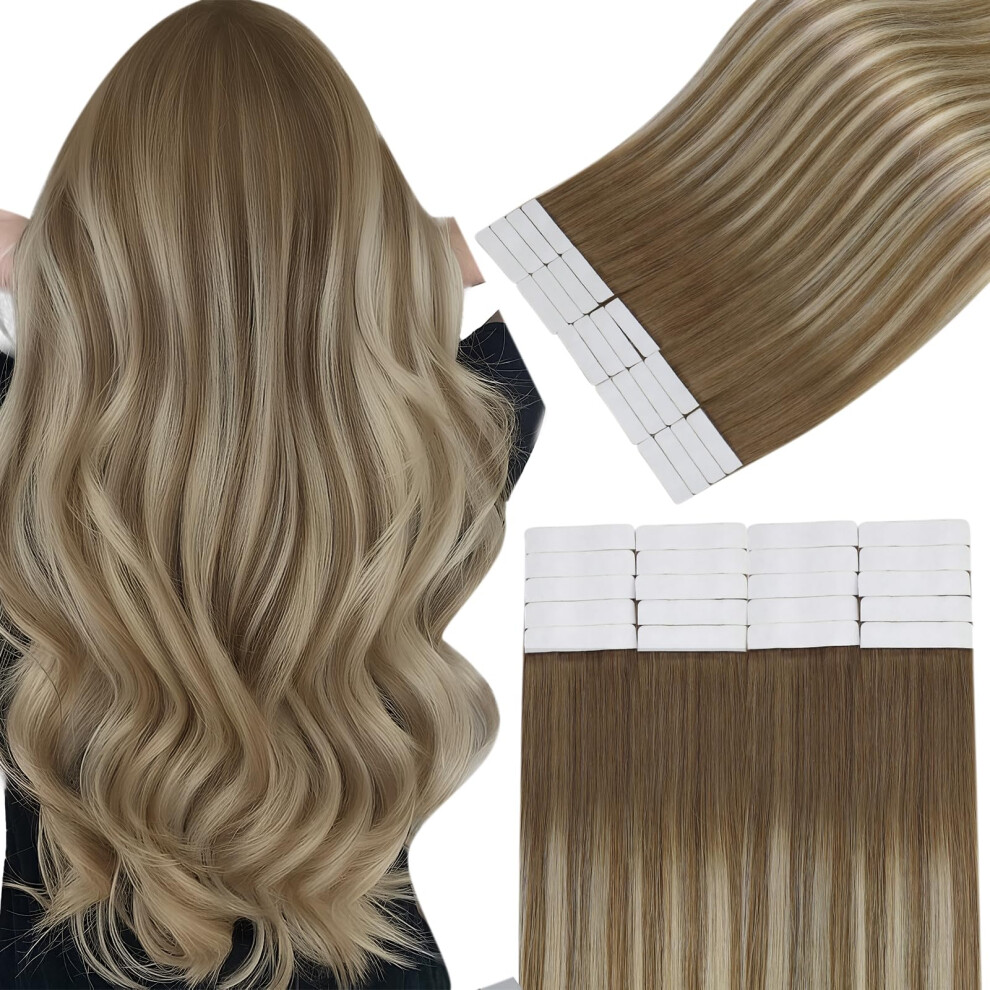Unisex Brown Tape In Hair Extensions Balayage Remy Human Hair To Blonde 18 Inch Invisible Natural Blend