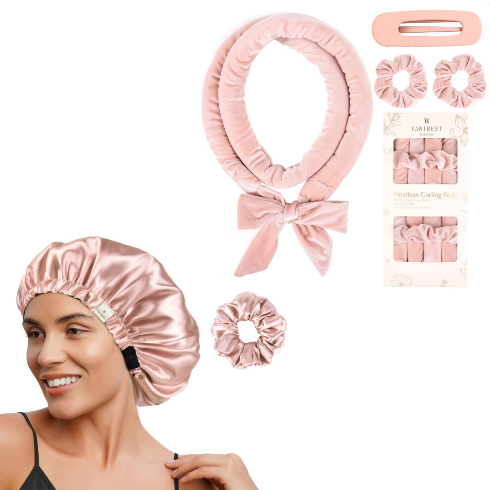 Heatless Curling Rod with Satin Bonnet Scrunchies and Clip for Overnight No Heat Hair Styling