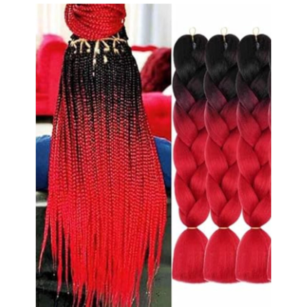 24 Inch Jumbo Braiding Hair Extensions 3pcs Red Ombre Synthetic Tangle Lightweight
