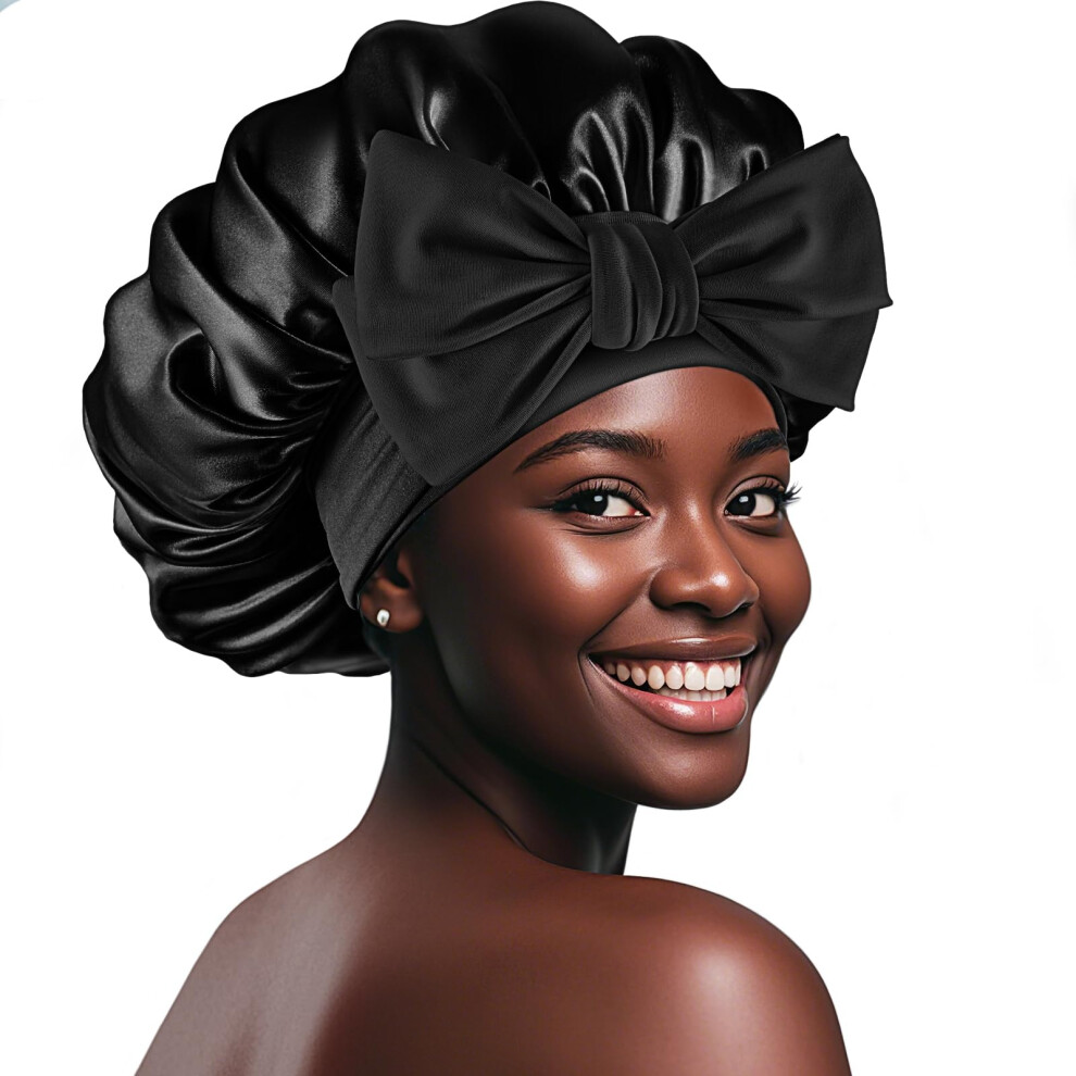 Silk Sleep Bonnet XL Black Double Layer Satin Hair Cap for Long Hair Frizz Reduction