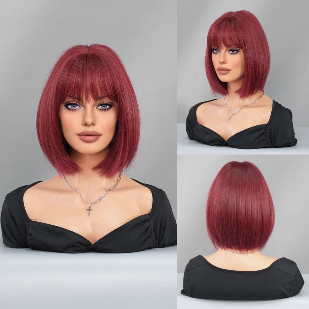 Burgundy Bob Wig with Bangs 12 Inch Short Straight Heat Resistant Synthetic Hair for Women 180% Density