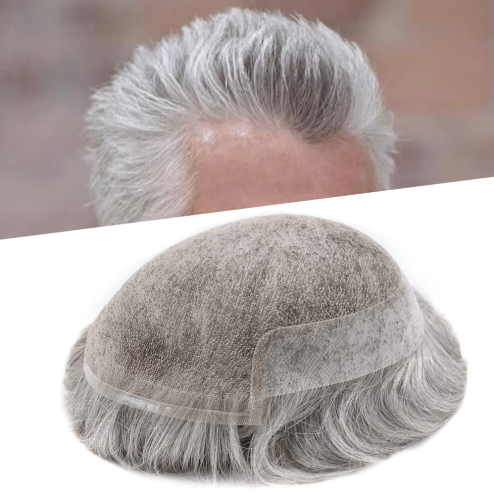Unisex Black,Grey Men's Toupee Swiss Lace Hairpiece Virgin Human Hair Replacement System Poly Perimeter 6X8 Off Black Grey 120% Density
