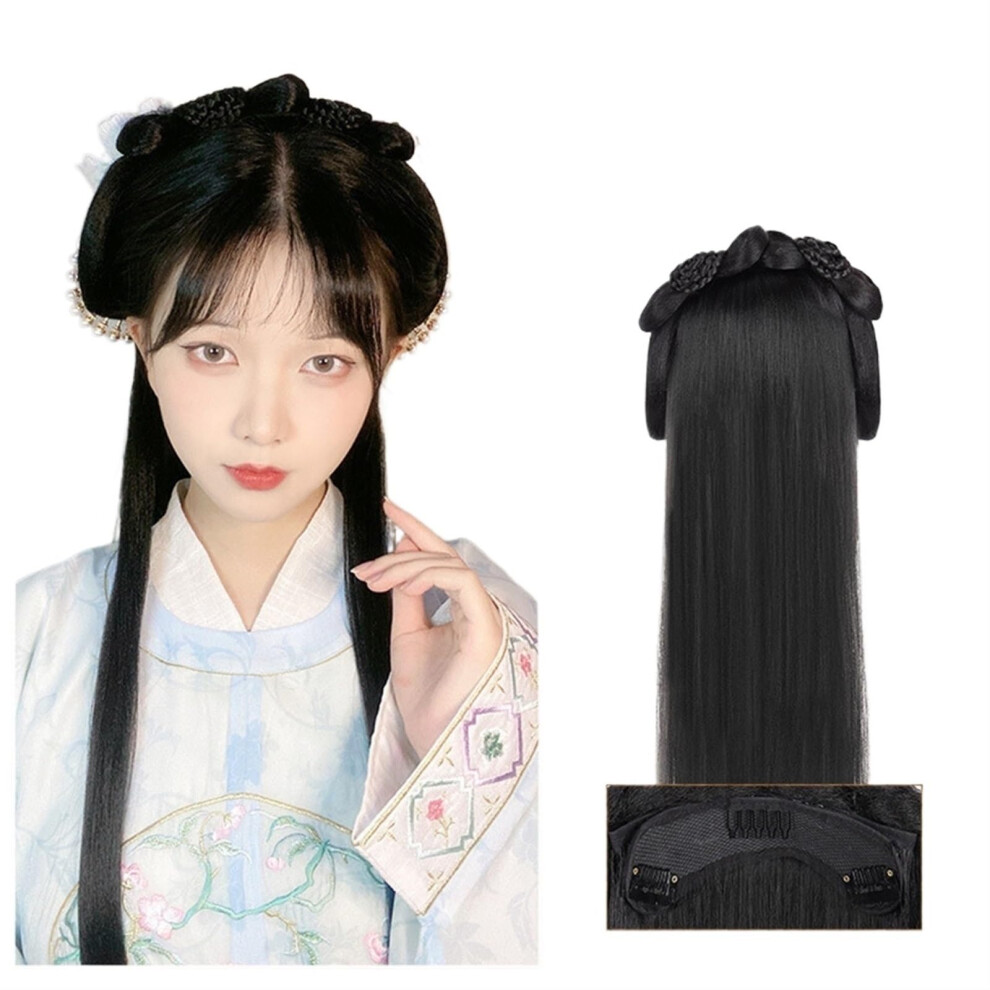 Unisex Black Ancient Chinese Hanfu Wig Natural Retro Geisha Bun For Cosplay And Traditional Costume