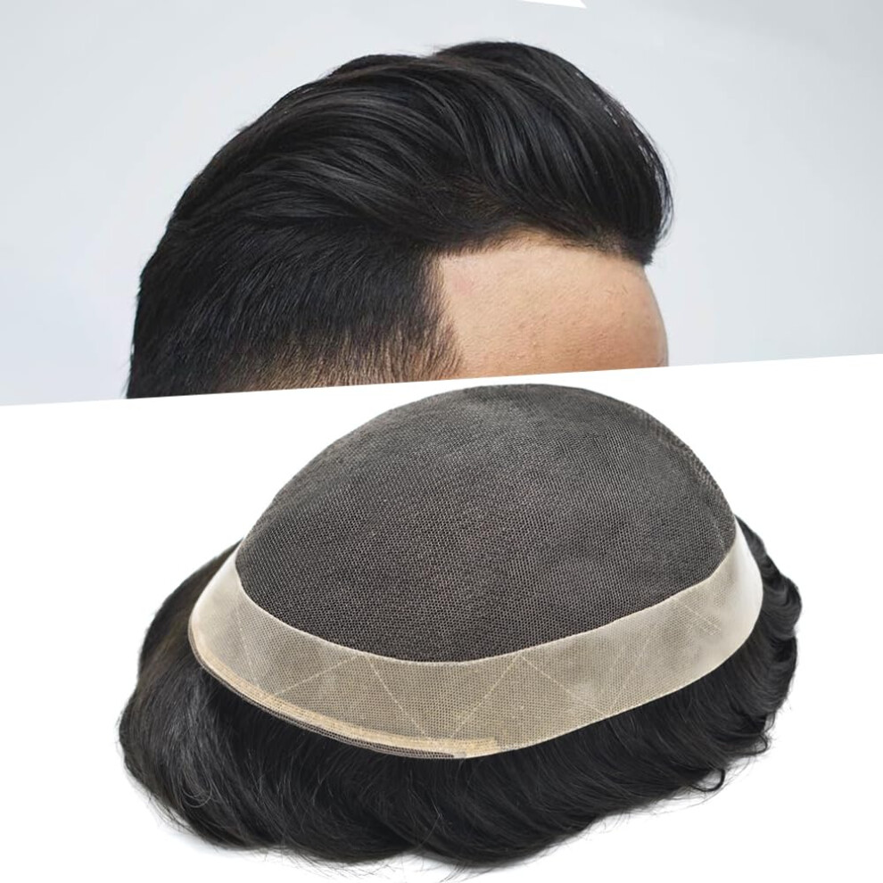 Unisex Brown Men's Toupee Hair Replacement System French Lace With Poly Perimeter Human Hairpiece 6X9 Dark 30% Gray Medium Density