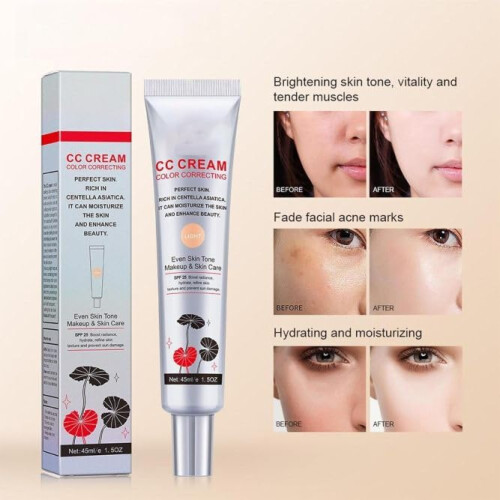 Hydrating CC Cream Foundation with SPF 25, Color Correcting Coverage, Centella, Light, 45ml + Sponge 1
