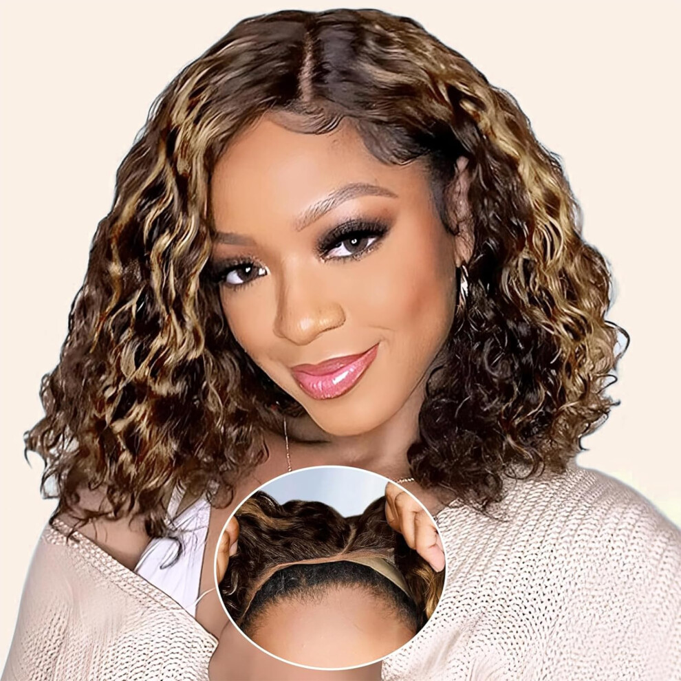 Unisex Brown 12 Inch Honey Blonde Lace Front Bob Wig Human Hair With Natural Hairline Highlight Wavy Style