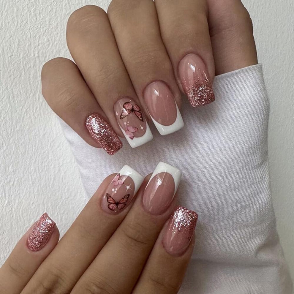 Medium Square French Tip Press On Nails with Butterfly Pink Glitter Design 24pcs for Women