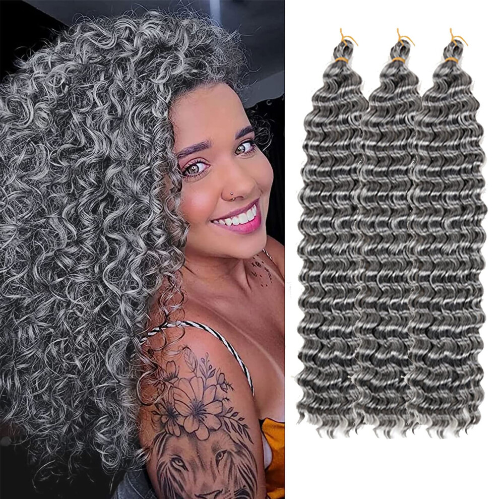 Unisex Grey Ocean Wave Crochet Hair Extensions 28 Inch Voluminous Lightweight Deep Wave Braiding Hair