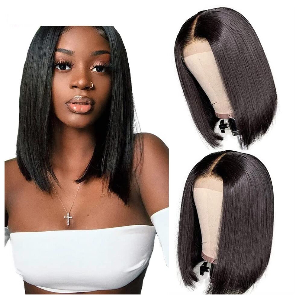 Unisex Black 12 Inch Human Hair Bob Wig For Women, Pre Plucked Lace Front With Bleached Knots